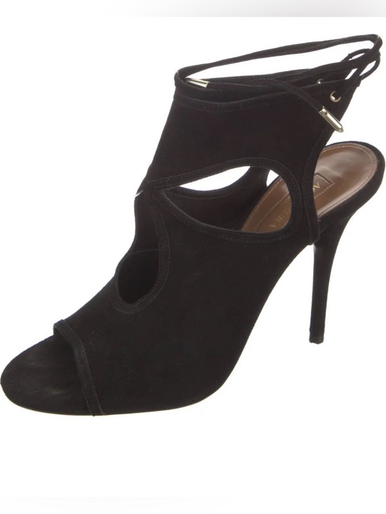 Aquazzura Shoes - Aquazzura Sexy Thing Black Suede Cutout Peep-Toe Lace-Up Stiletto Heels 8.5 38.5